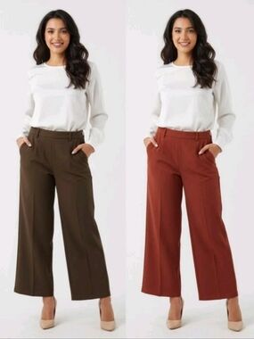 Lot Of 2 Shein Size XL (12) Wide Leg Chino Dress Pants Brown & Rust Work